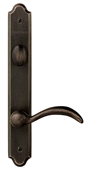 Encino hardware patio door handle with distressed bronze finish.