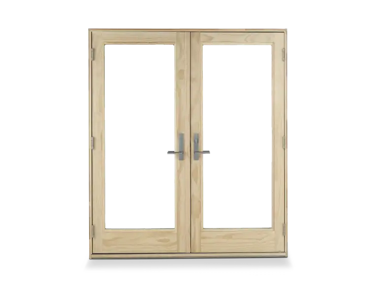 Wooden hinged contemporary patio door.