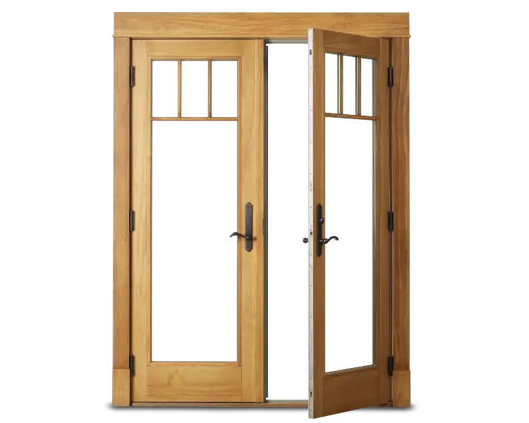 An open hinged wooden patio door.