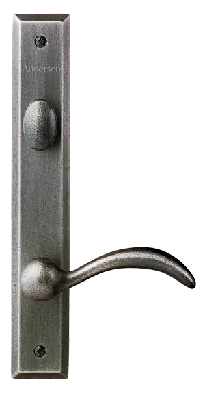 Yuma hardware patio door handle with distressed nickel finish.